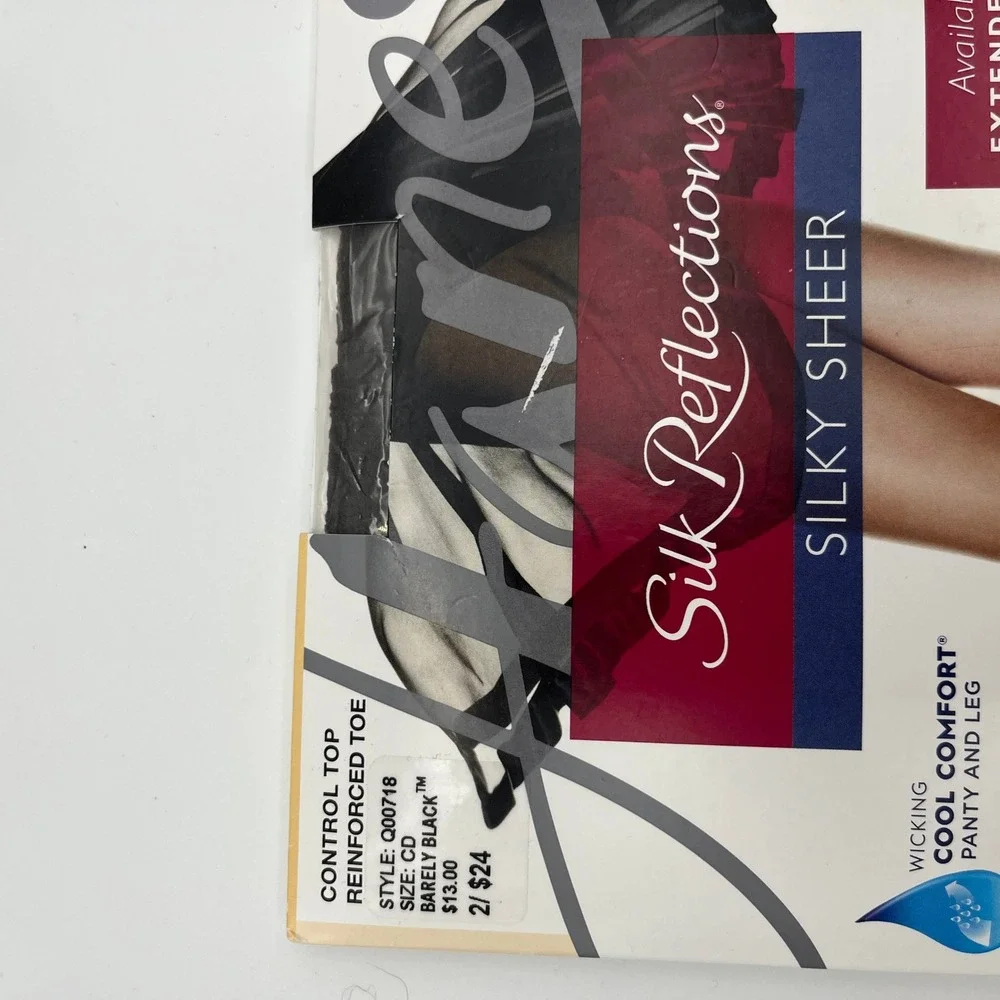 Hanes Pantyhose CD Barely Black Silk Reflections Silky Sheer Control‎ Top 2pk